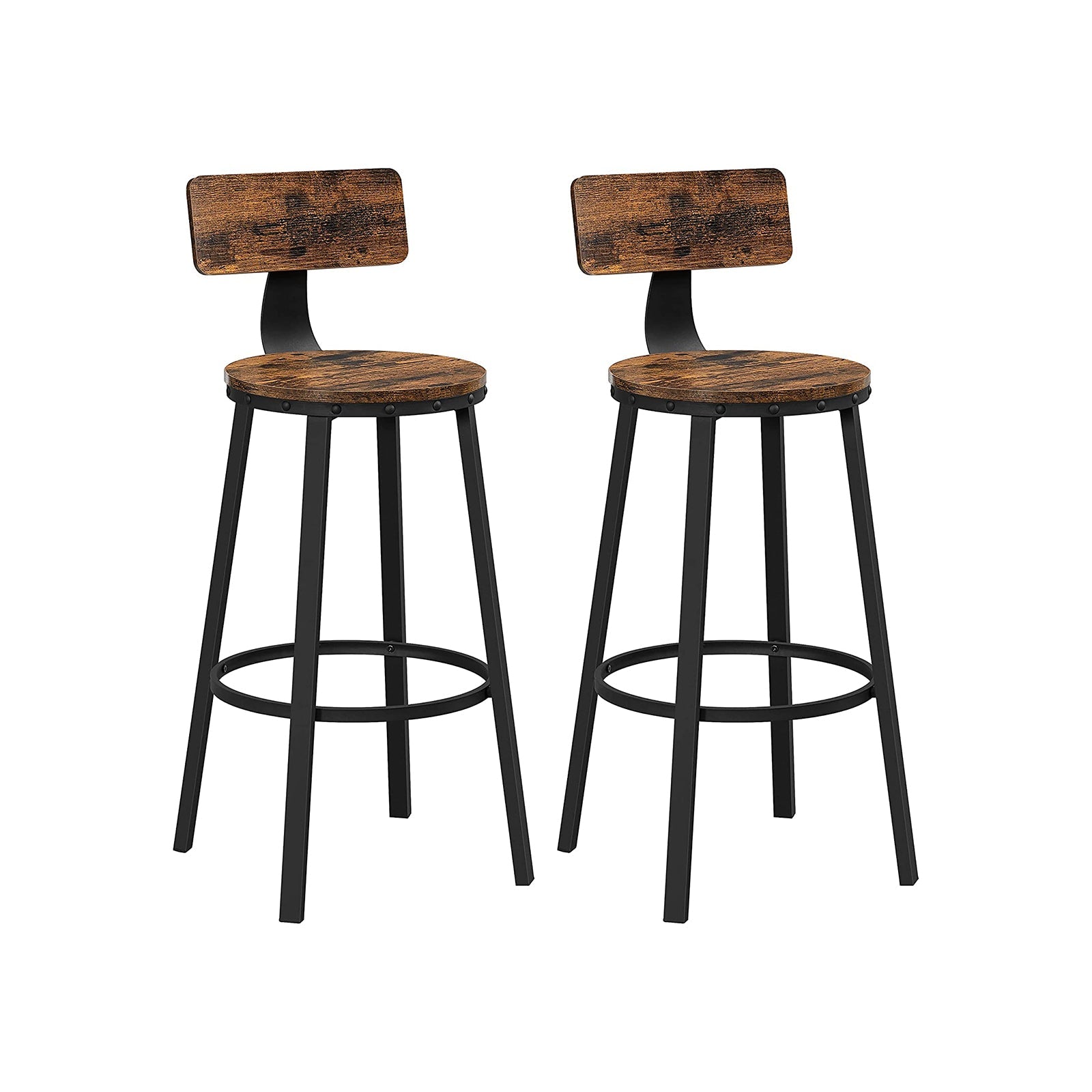 Bar stools - Set of 2 - With backrest - Wooden seat - Brown