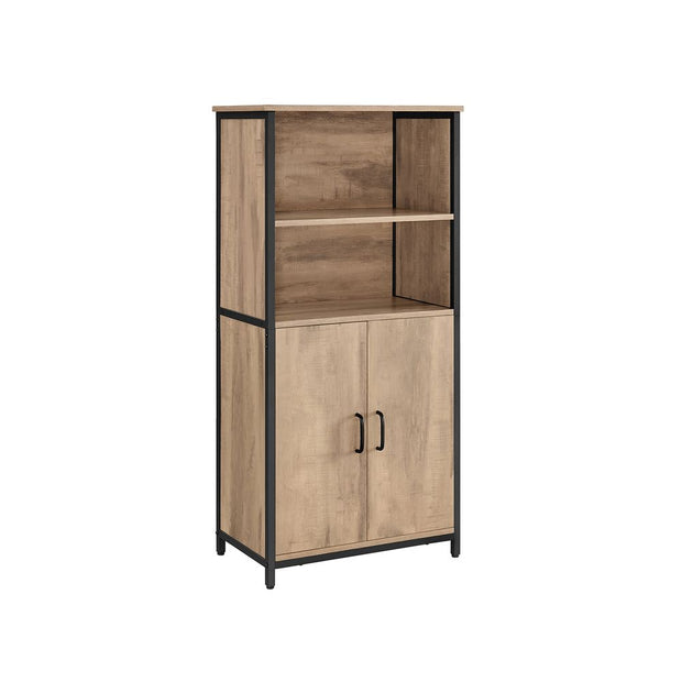Multifunctional Floor Standing Cabinet – Wood – Rustic Brown and Black – 2 Open Compartments, Adjustable Shelf Behind Doors