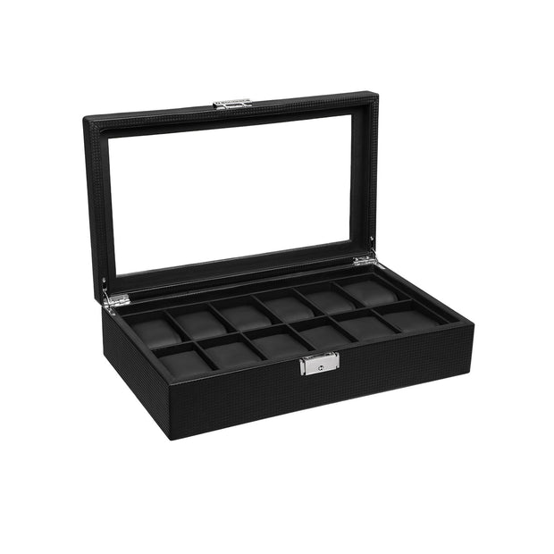 Large Watch Box – PU – Black – 12 Compartments with Glass Lid and Velvet Lining