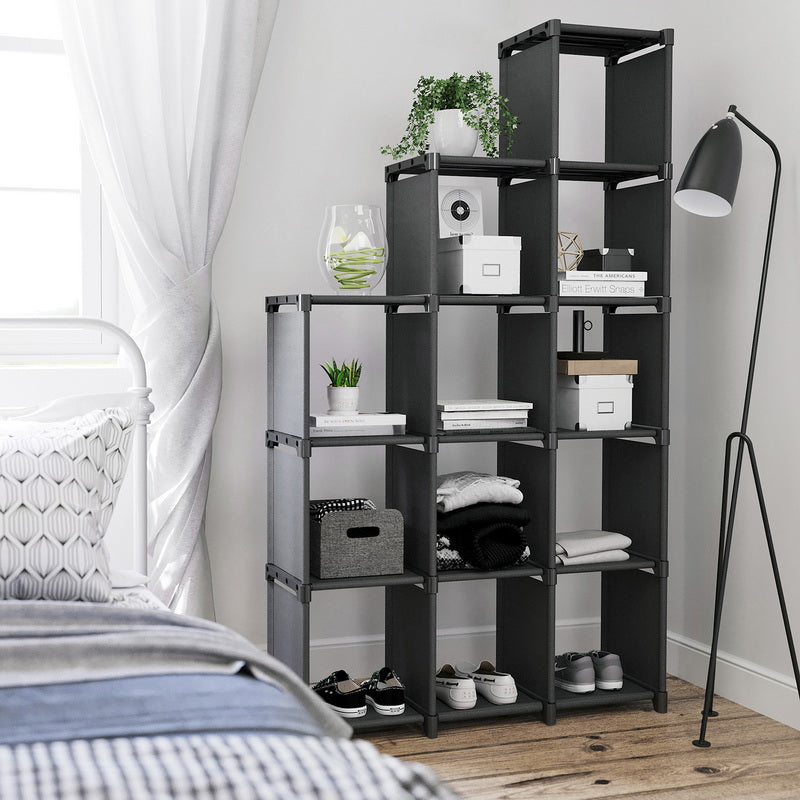 12-Cube Open Organizer – Wood – Black – Versatile Storage Solution for Living Room, Children's Room, and Bathroom
