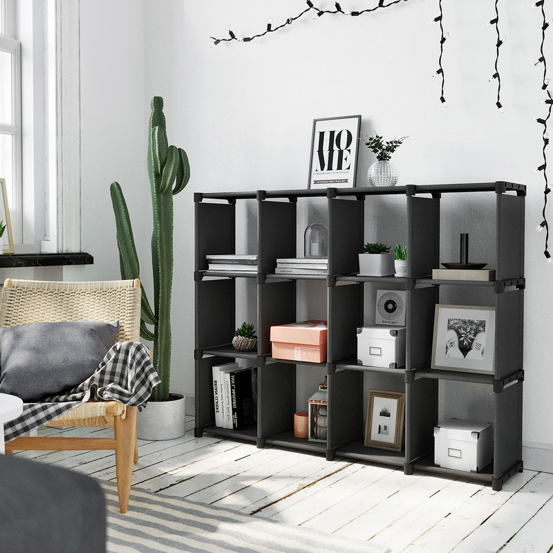 12-Cube Open Organizer – Wood – Black – Versatile Storage Solution for Living Room, Children's Room, and Bathroom