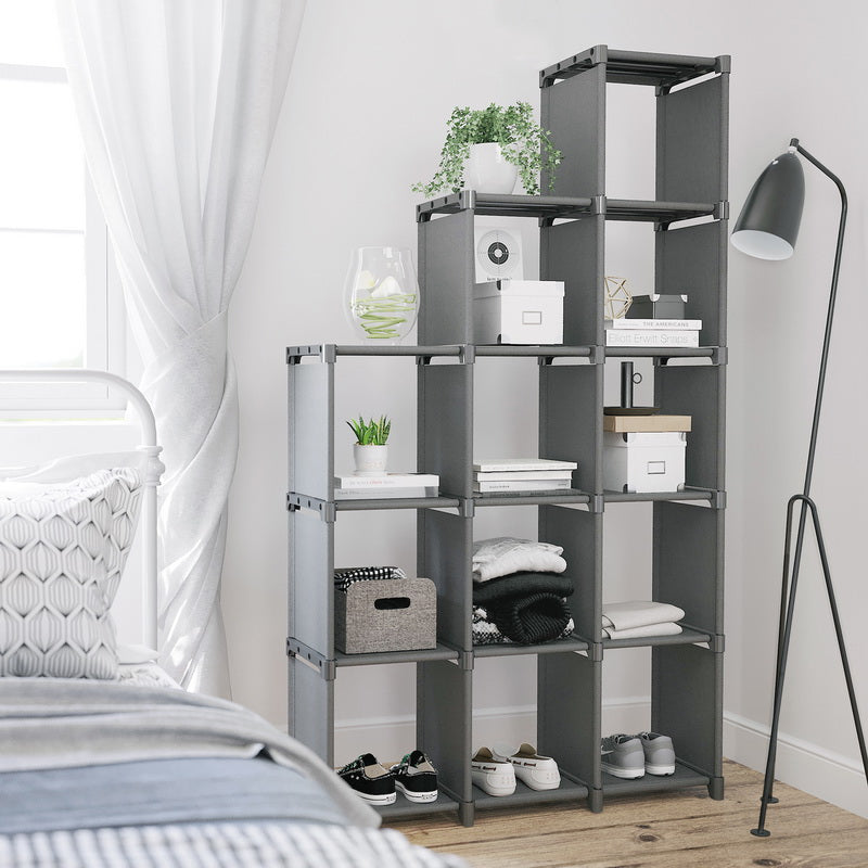 12-Cube Storage Shelf – MDF – Black – Versatile Closet Organizer with Bonus Rubber Mallet