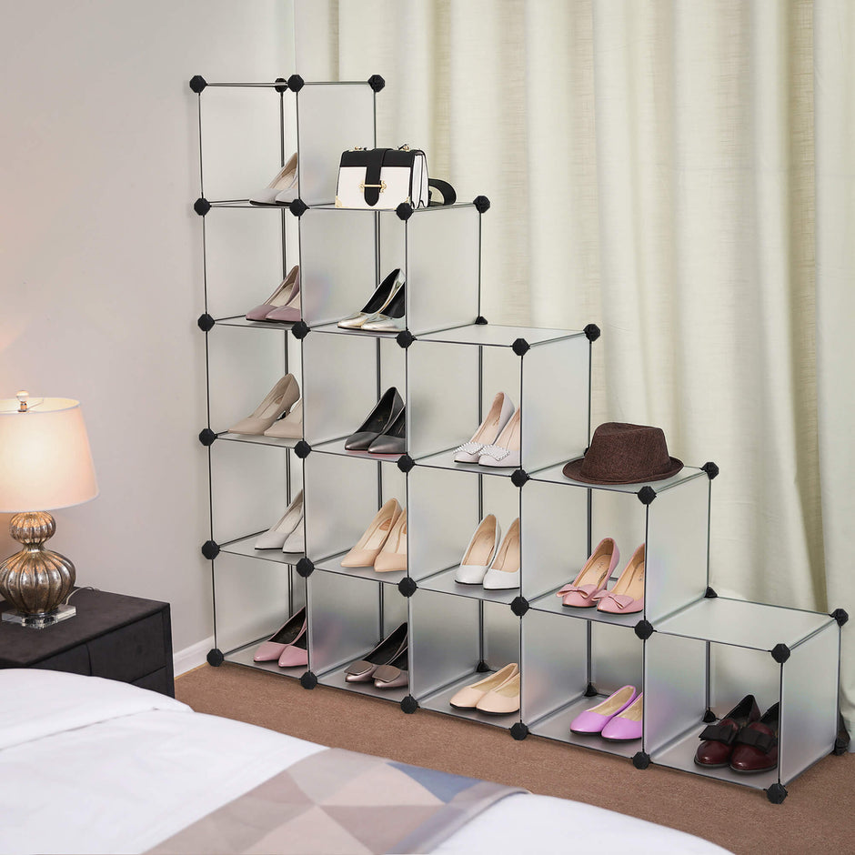 Shoe Rack – Plastic – Translucent White – Modular Interlocking 16-Cube Storage Unit