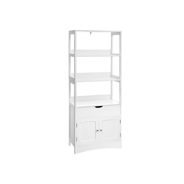 Open Shelves Cabinet – Engineered Wood – White – Free Standing with 3 Open Shelves, 1 Drawer, and 1 Cupboard