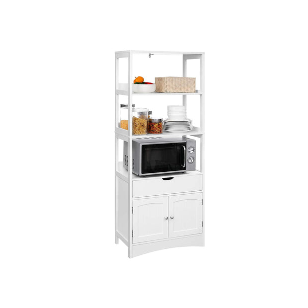 Open Shelves Cabinet – Engineered Wood – White – Free Standing with 3 Open Shelves, 1 Drawer, and 1 Cupboard
