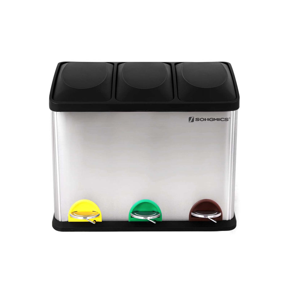 Recycling Bin – Stainless Steel – Silver – 45 Litre Waste Separation System with Three Detachable Compartments