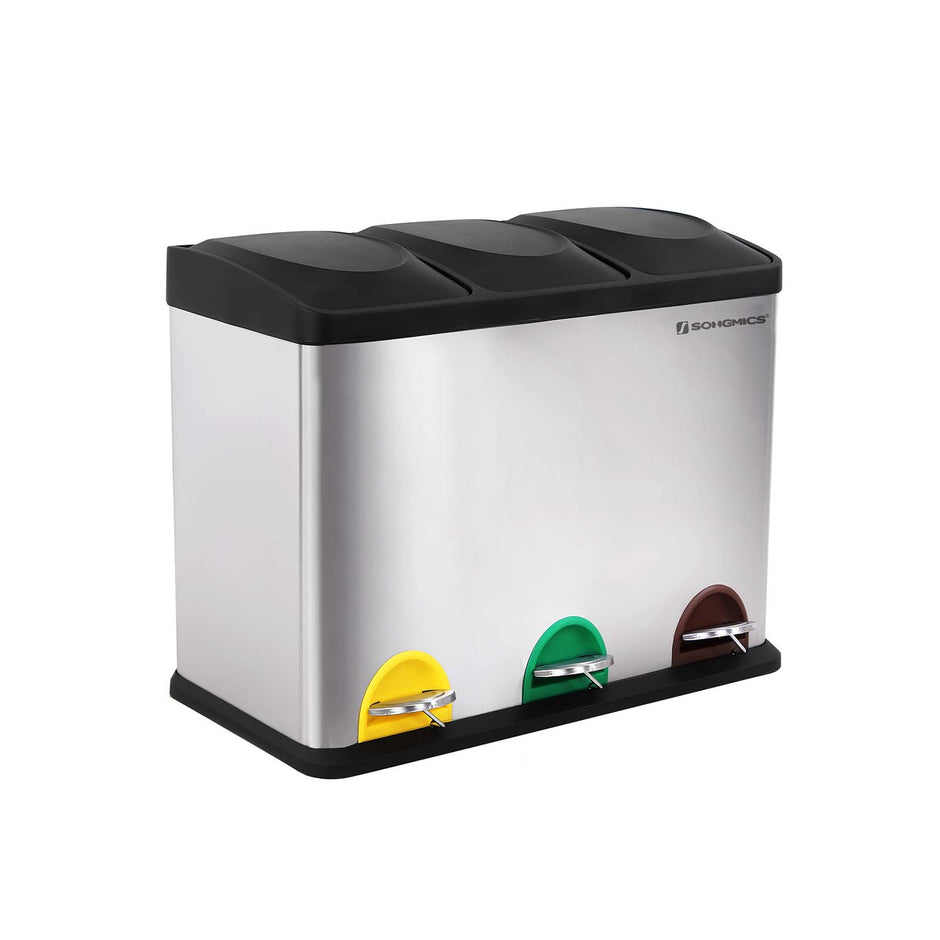 Recycling Bin – Stainless Steel – Silver – 45 Litre Waste Separation System with Three Detachable Compartments