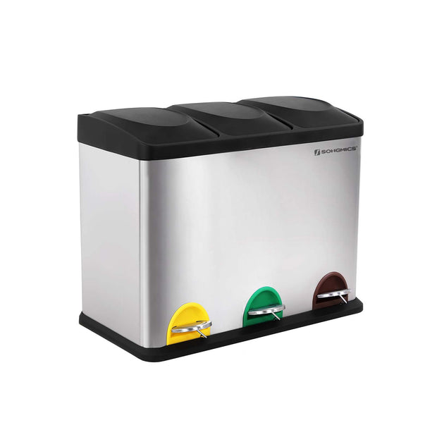 Recycling Bin – Stainless Steel – Silver – 45 Litre Waste Separation System with Three Detachable Compartments