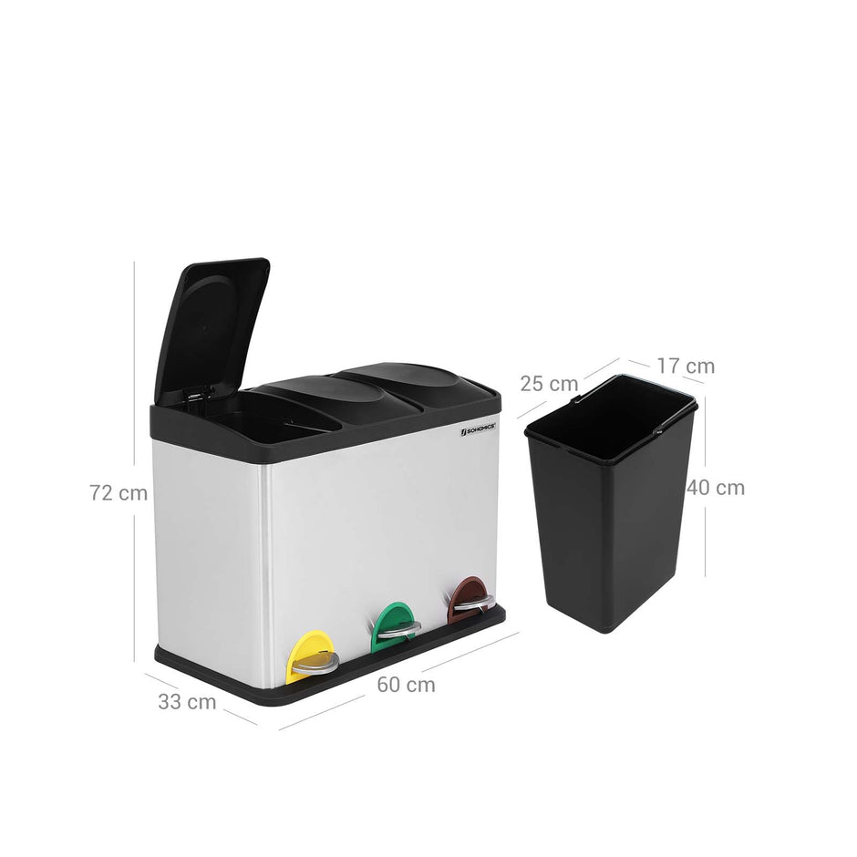 Recycling Bin – Stainless Steel – Silver – 45 Litre Waste Separation System with Three Detachable Compartments
