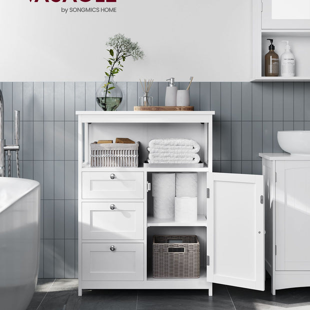 Bathroom Storage Cabinet – Wood – White – Freestanding with 3 Drawers and Adjustable Shelf