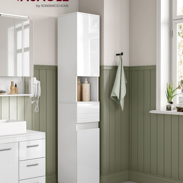 Tall Bathroom Cabinet – Wood – White – Sleek Design with Adjustable Shelves and Drawer
