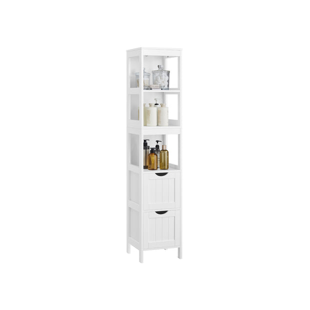Tall Bathroom Cabinet – Wood – White – With 2 Drawers and 3 Open Shelves