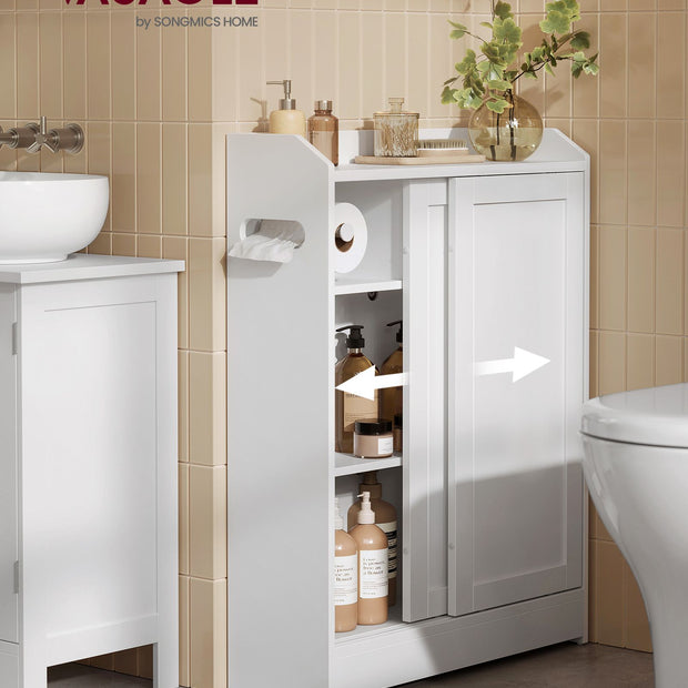 Bathroom Cabinet – Wood – Cloud White – Adjustable Shelves, Sliding Doors, Compact Design