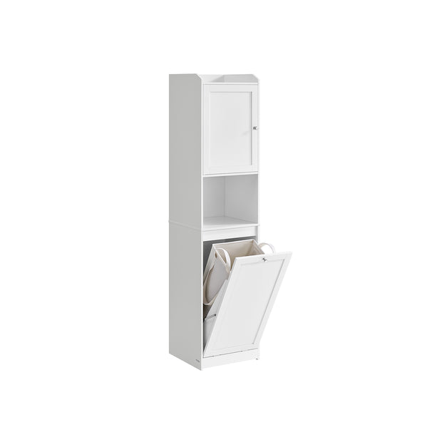 Tall Bathroom Cabinet – Wood – Cloud White – Removable Laundry Basket with Door Compartments