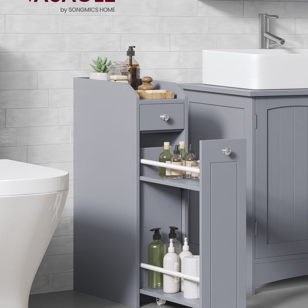 Freestanding Bathroom Cabinet – Wood – White – Slim Design with Slide Out Drawers