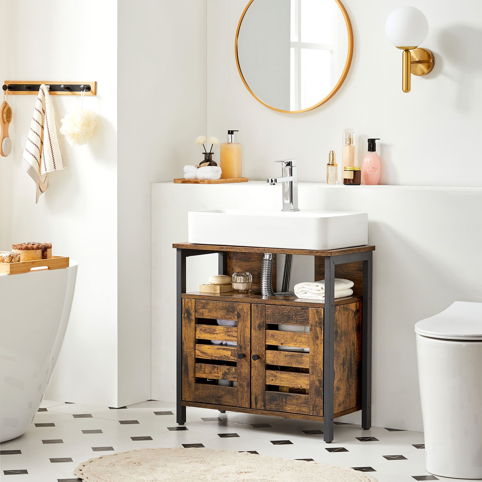 Under Sink Cabinet – Steel – Rustic Brown and Black – Louvered Doors and Adjustable Shelf