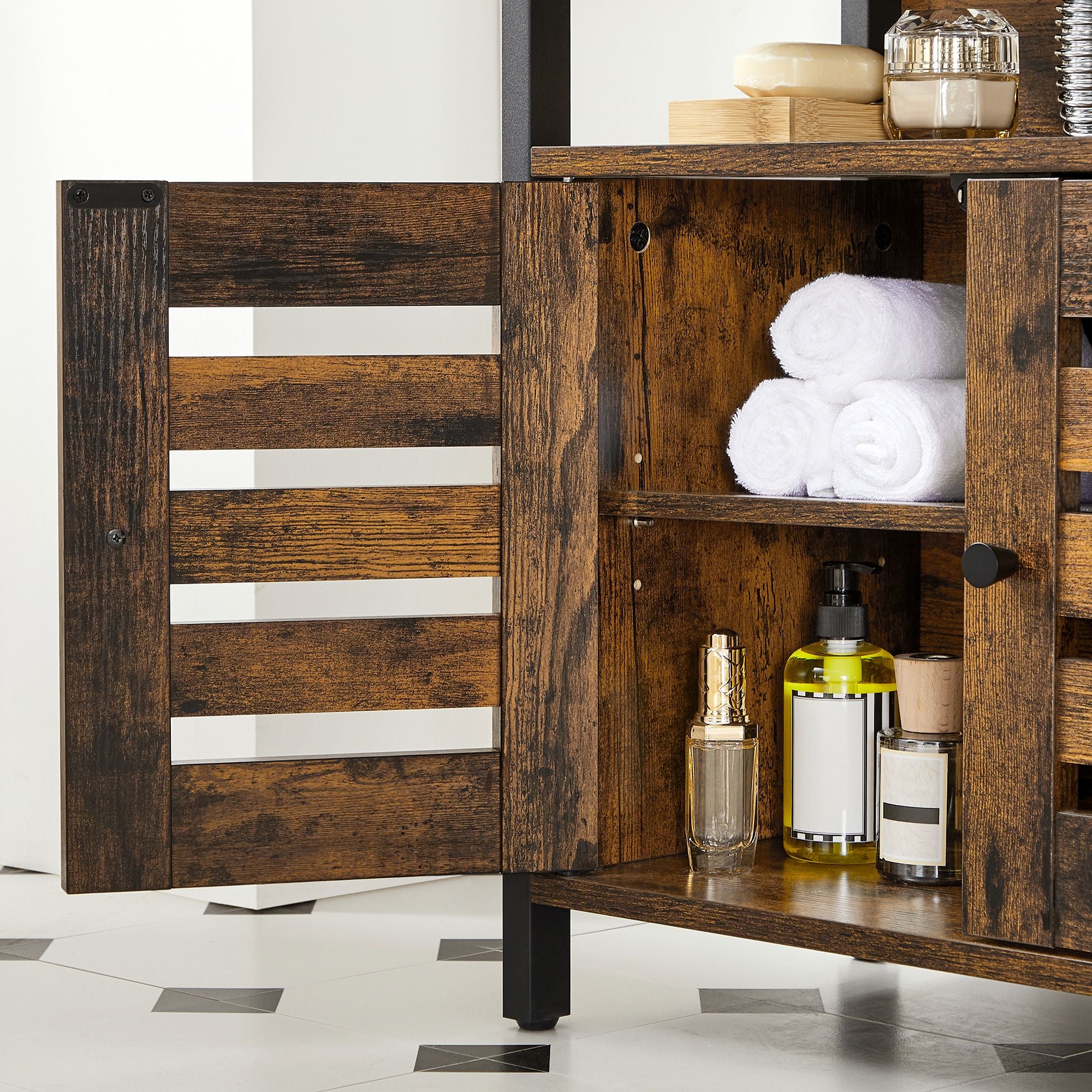 Under Sink Cabinet – Steel – Rustic Brown and Black – Louvered Doors and Adjustable Shelf