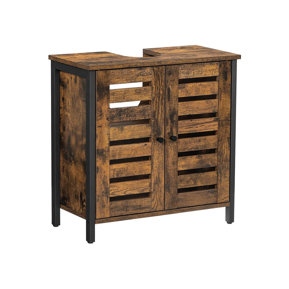 Under Sink Cabinet – Steel Frame – Rustic Brown and Black – Adjustable Shelf with Louvered Doors