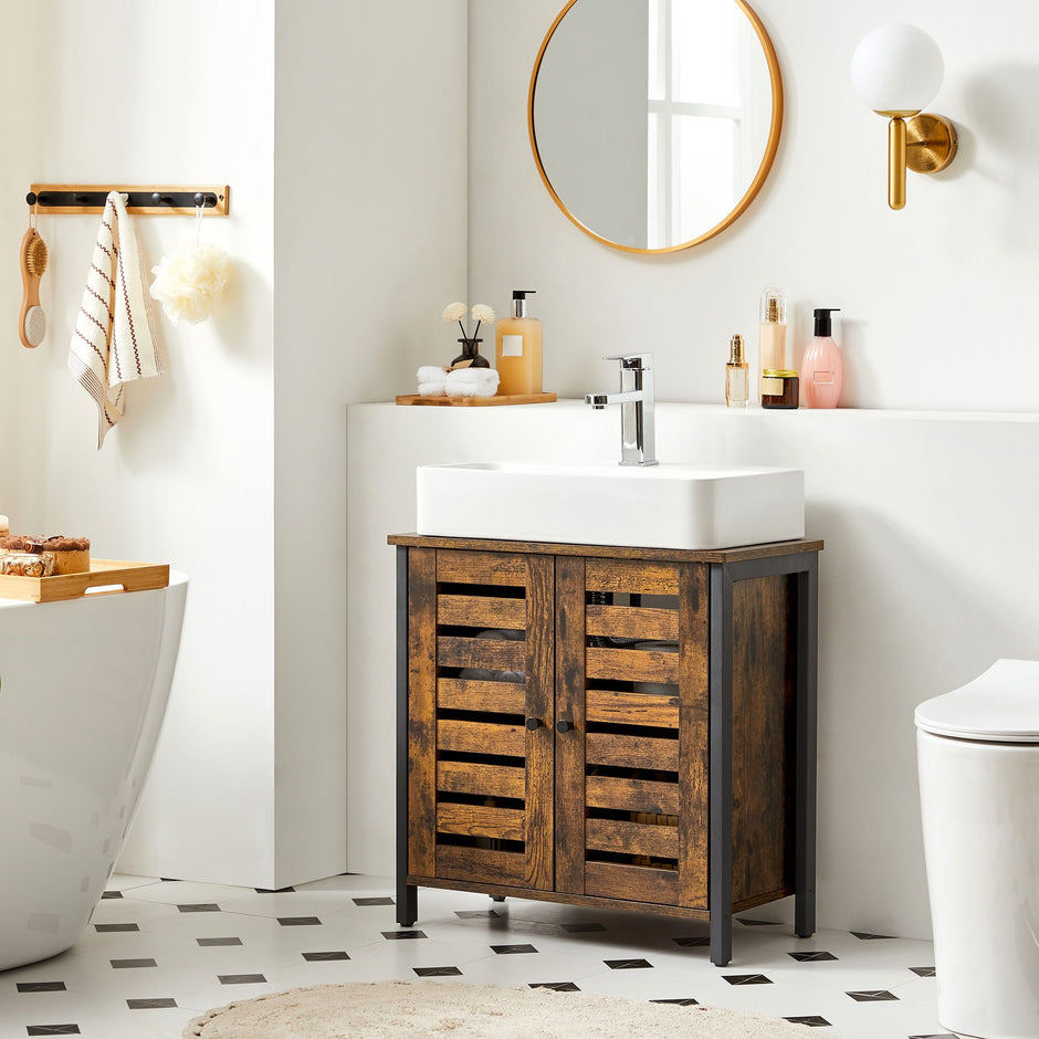Under Sink Cabinet – Steel Frame – Rustic Brown and Black – Adjustable Shelf with Louvered Doors