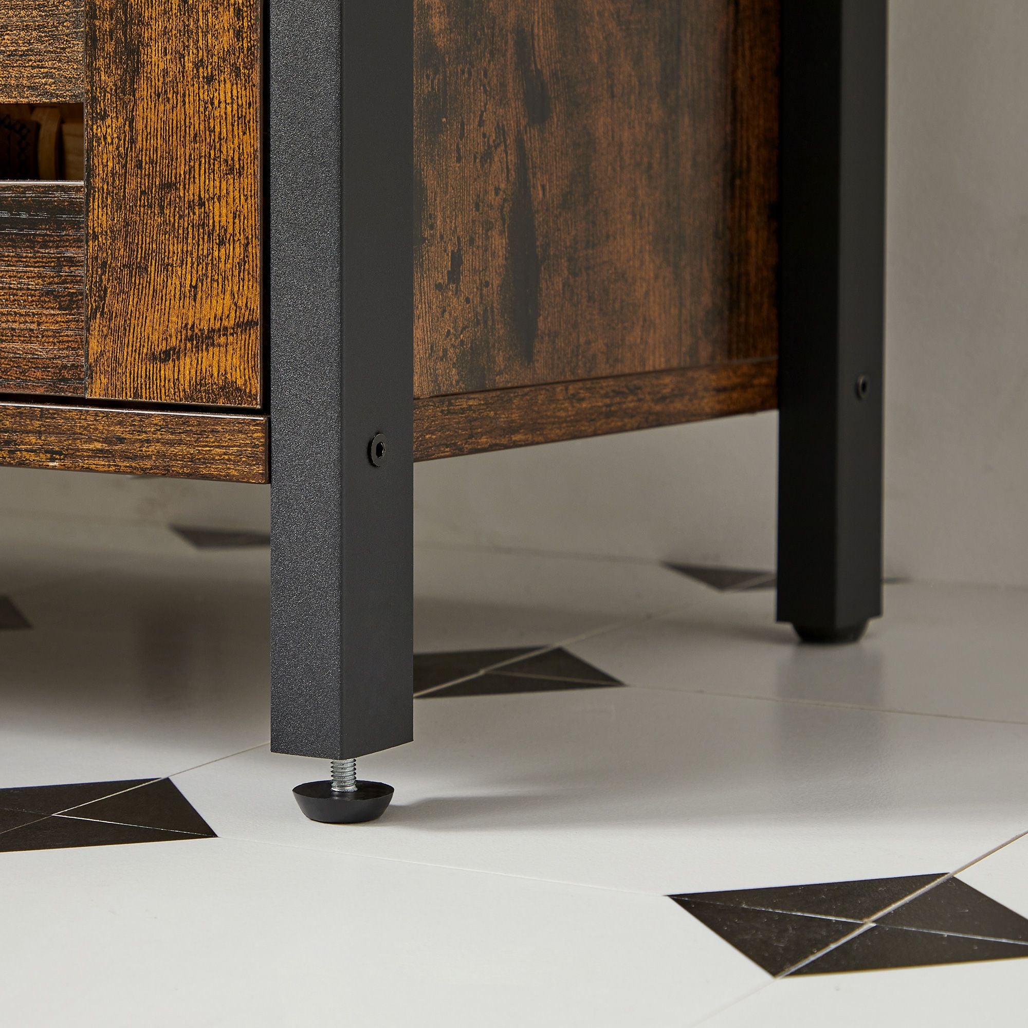 Under Sink Cabinet – Steel Frame – Rustic Brown and Black – Adjustable Shelf with Louvered Doors