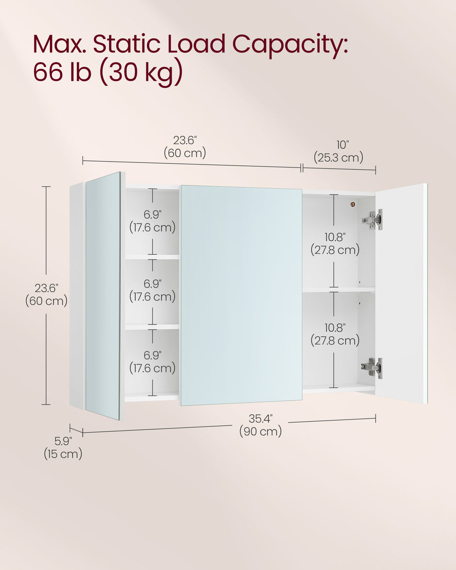 Wall Cabinet – MDF – White – 3-Door with Mirror and Adjustable Shelf