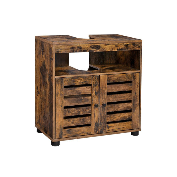 Under Sink Cabinet – Engineered Wood – Rustic Brown – with 2 Louvered Doors and Adjustable Shelf