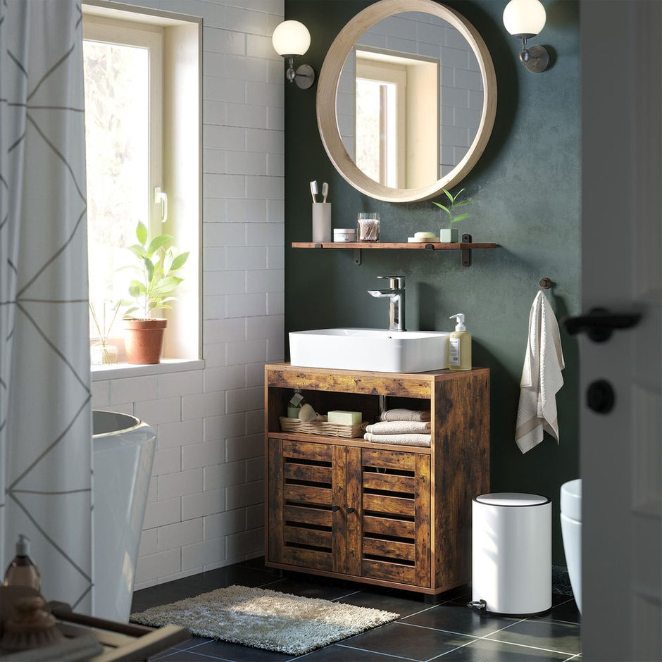 Under Sink Cabinet – Engineered Wood – Rustic Brown – with 2 Louvered Doors and Adjustable Shelf