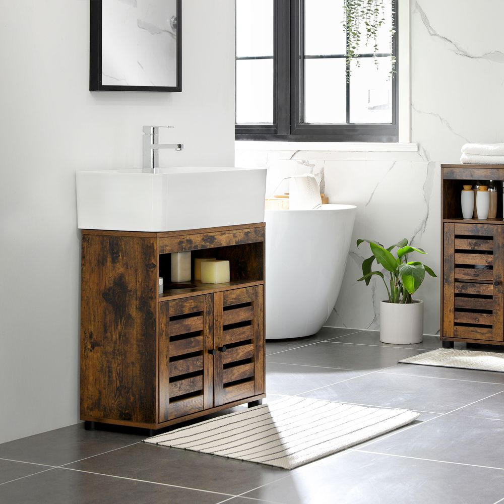 Under Sink Cabinet – Engineered Wood – Rustic Brown – with 2 Louvered Doors and Adjustable Shelf