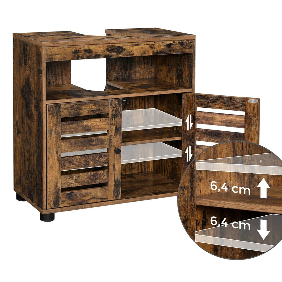 Under Sink Cabinet – Engineered Wood – Rustic Brown – with 2 Louvered Doors and Adjustable Shelf