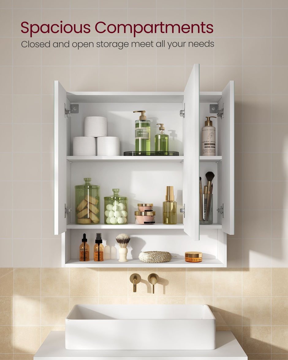 Bathroom Mirror Cabinet – Wood – Cloud White – Adjustable Shelves with Open Compartment