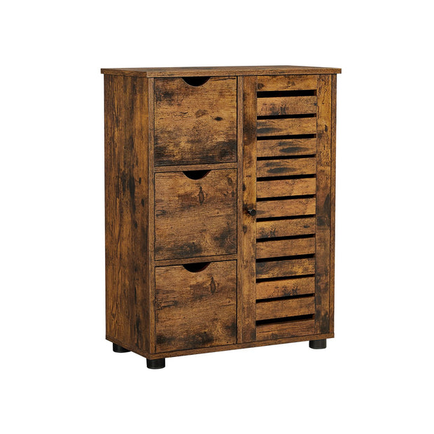 Bathroom Floor Cabinet – Wooden – Rustic Brown – 3 Drawers, Single Door with 2 Adjustable Shelves