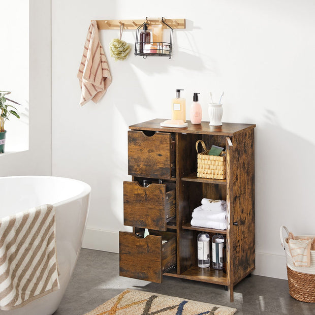 Bathroom Floor Cabinet – Wooden – Rustic Brown – 3 Drawers, Single Door with 2 Adjustable Shelves