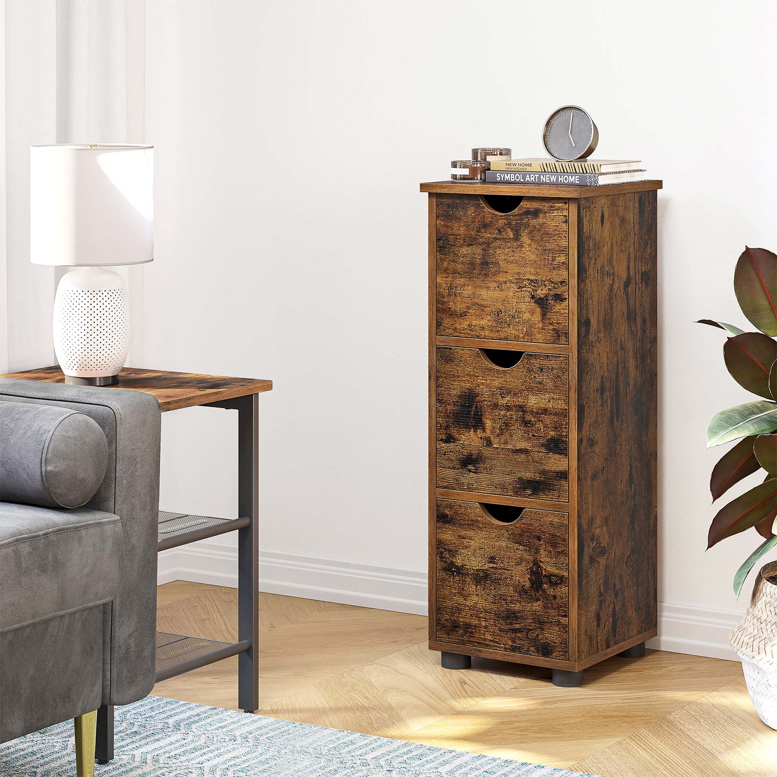 Storage Unit – MDF – Rustic Brown – Slim Design with 3 Drawers