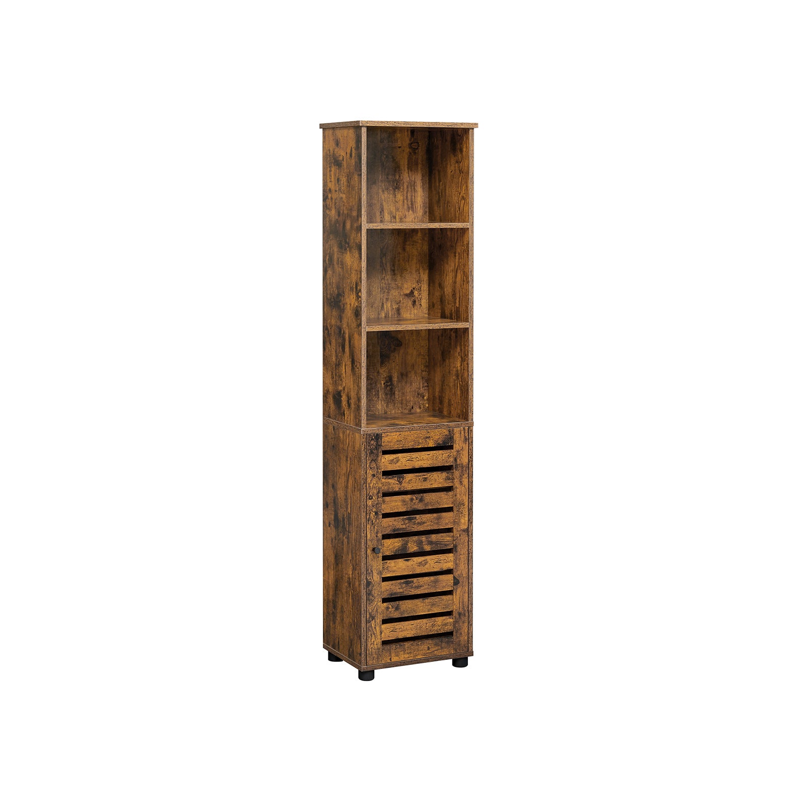 Floor Cabinet – Engineered Wood – Rustic Brown – Tall Design with Adjustable Shelves and Open Compartments