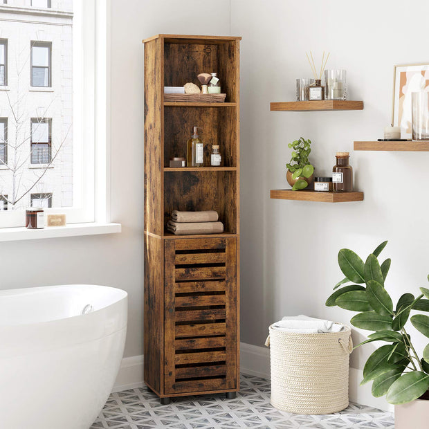 Floor Cabinet – Engineered Wood – Rustic Brown – Tall Design with Adjustable Shelves and Open Compartments
