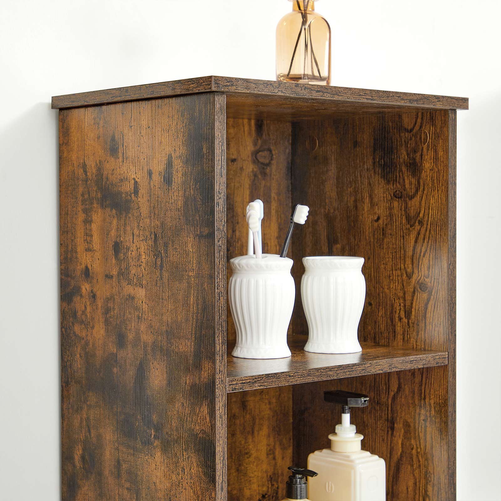 Floor Cabinet – Engineered Wood – Rustic Brown – Tall Design with Adjustable Shelves and Open Compartments
