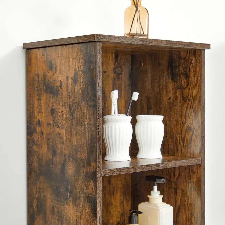 Floor Cabinet – Engineered Wood – Rustic Brown – Tall Design with Adjustable Shelves and Open Compartments
