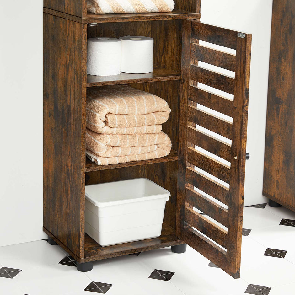 Floor Cabinet – Engineered Wood – Rustic Brown – Tall Design with Adjustable Shelves and Open Compartments