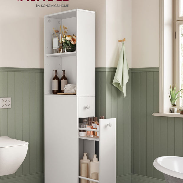 Tall Bathroom Cabinet – Wood – Classic White – Freestanding Slim Storage with Drawers and Adjustable Shelf