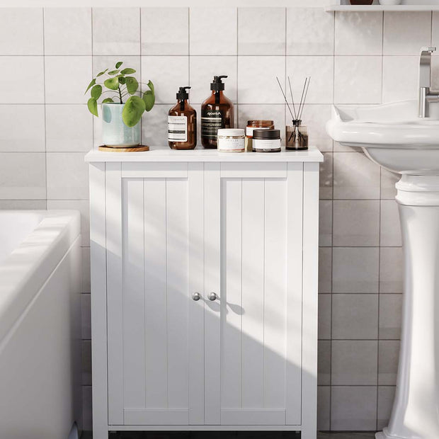 Freestanding Bathroom Cabinet – Wood – White – Double Door with Adjustable Shelves