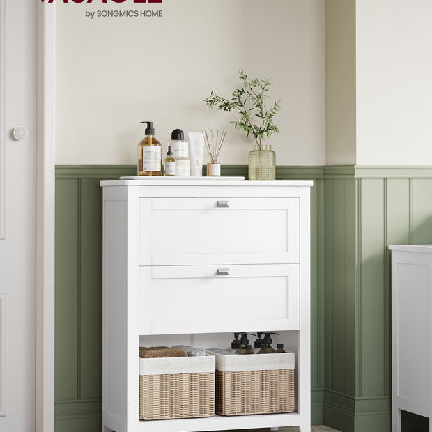 Bathroom Cabinet – Wood – Cloud White – 2 Drawers with Adjustable Dividers and 2 Baskets