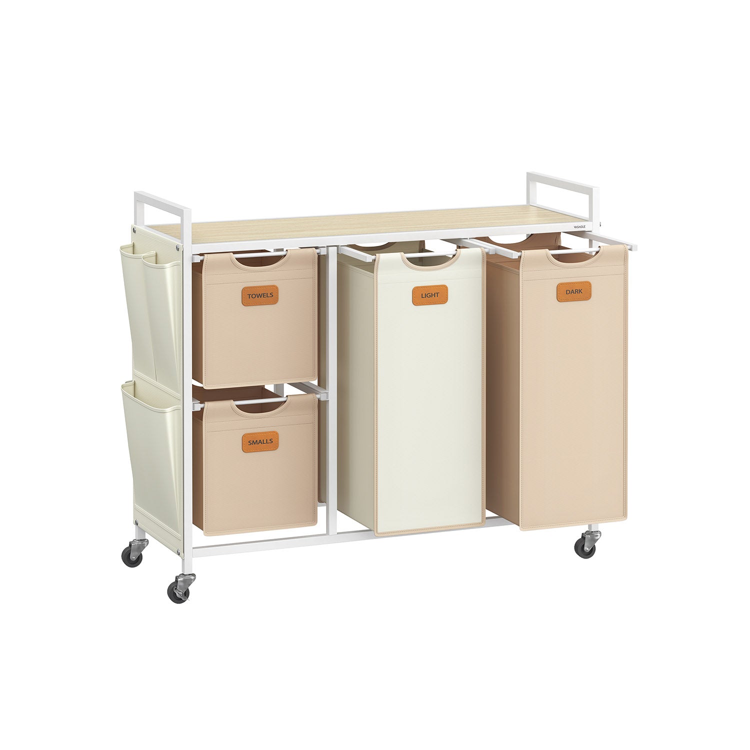 4-Bag Laundry Hamper – Fabric – Natural Beige, Camel Brown, Cream White – Rolling Cart with Removable Liners and Labels