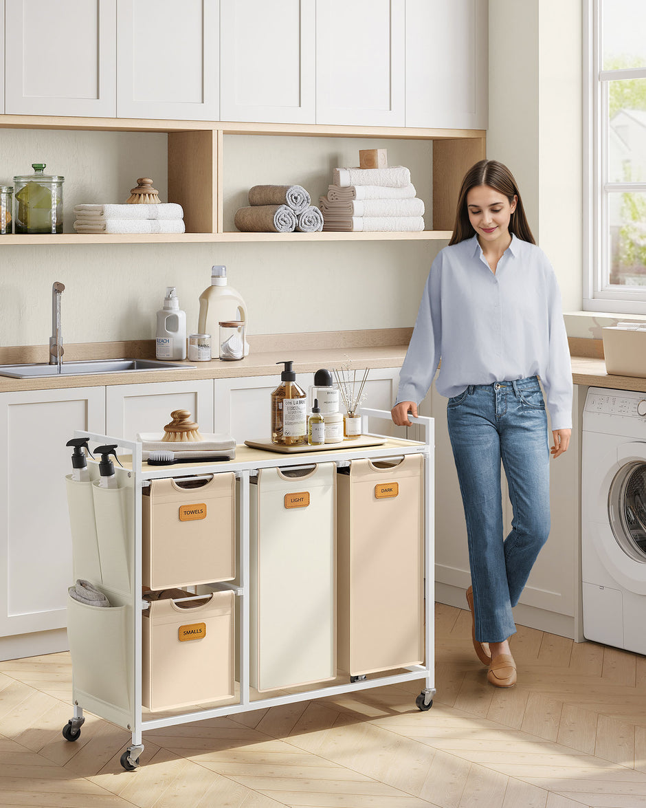 4-Bag Laundry Hamper – Fabric – Natural Beige, Camel Brown, Cream White – Rolling Cart with Removable Liners and Labels