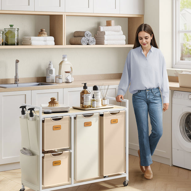 4-Bag Laundry Hamper – Fabric – Natural Beige, Camel Brown, Cream White – Rolling Cart with Removable Liners and Labels