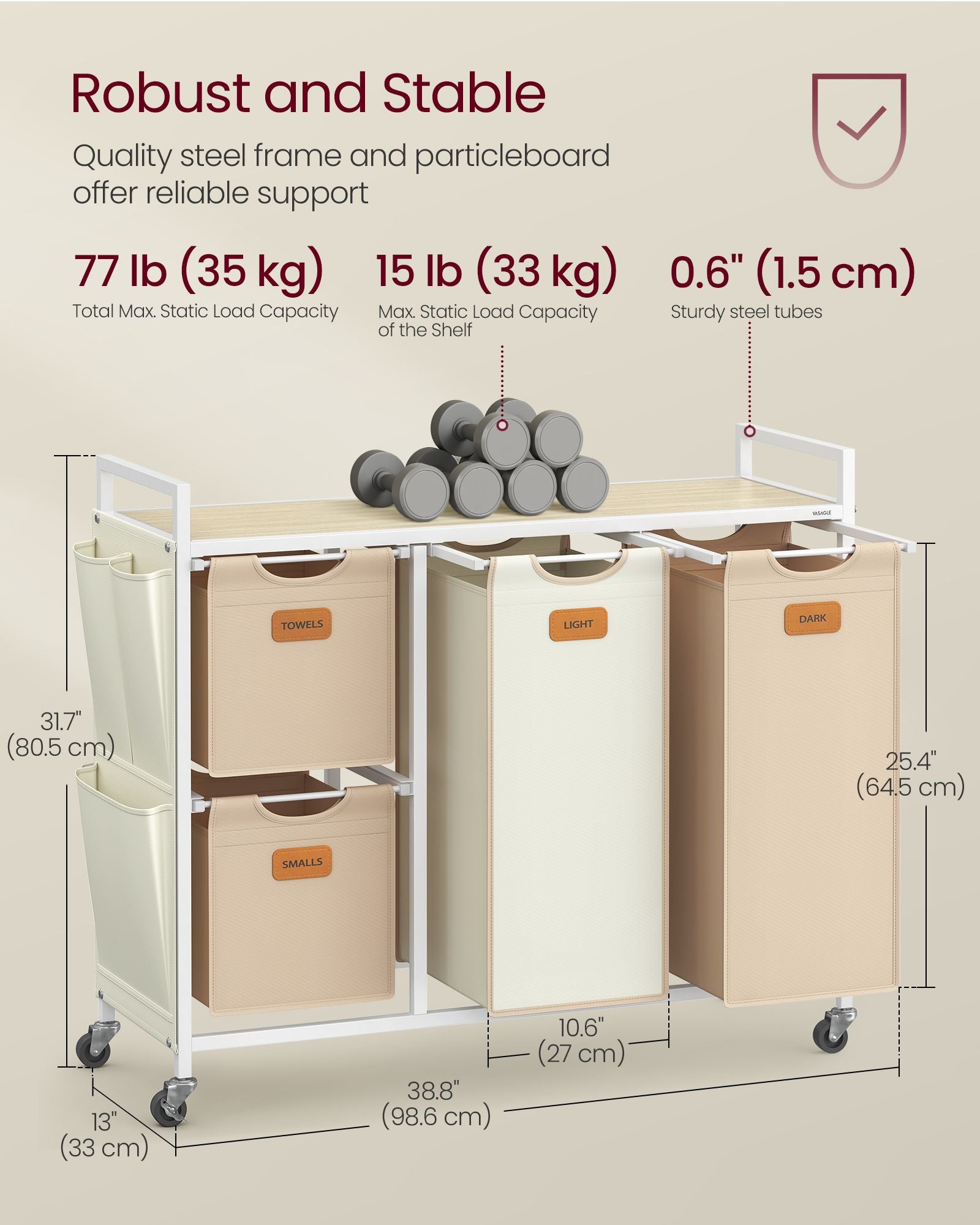 4-Bag Laundry Hamper – Fabric – Natural Beige, Camel Brown, Cream White – Rolling Cart with Removable Liners and Labels