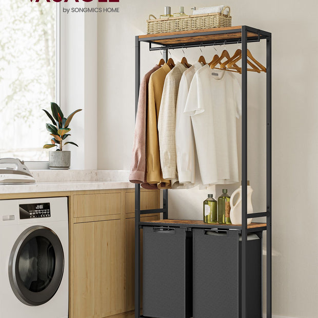 Laundry Basket – Wood – Rustic Brown and Black – 2-Section with Shelves and Pull-Out Liners