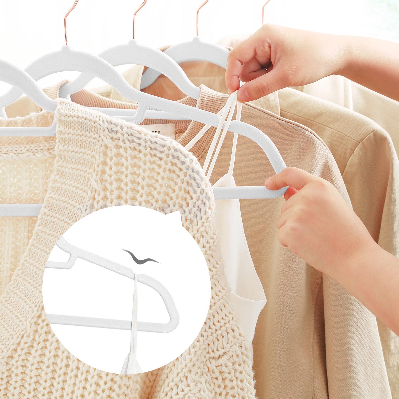 Non-Slip Velvet Clothes Hangers – White – 50 Pack – Space Saving Design with Rose Gold Swivel Hook