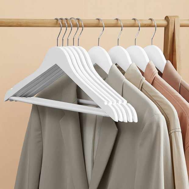 Wooden Hangers – Wood – White – Pack of 50 with Anti-Slip Sleeve and Metal Hook