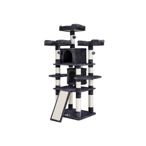 Cat Tree – Wood – Smoky Grey – 3 Viewing Perches, 2 Cuddly Caves, Thick Sisal Posts