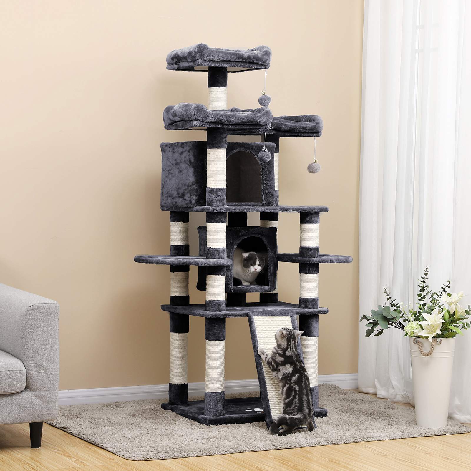 Cat Tree – Wood – Smoky Grey – 3 Viewing Perches, 2 Cuddly Caves, Thick Sisal Posts